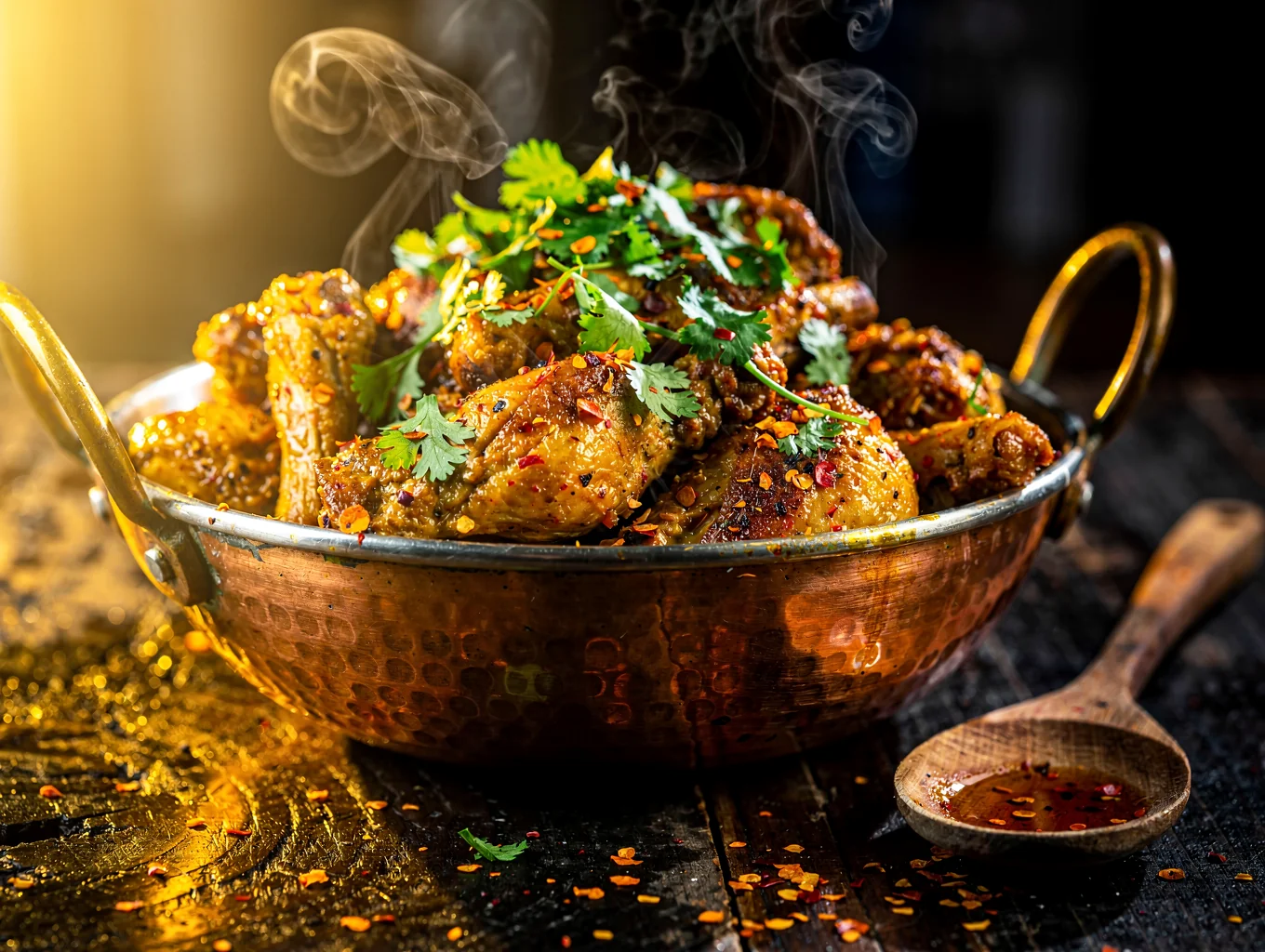 Whole Indian spices gently crackling in an iron karahi over glowing embers