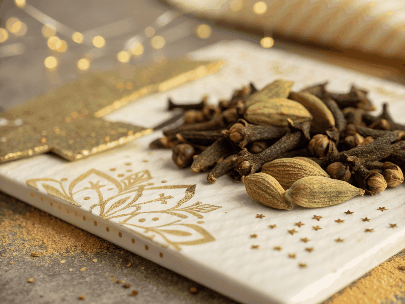 Handpicked raw spices and green cardamom pods resting in traditional brass bowls