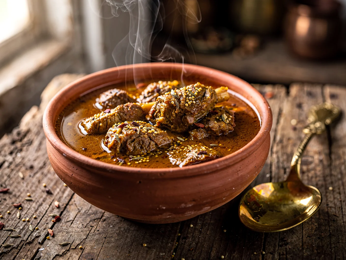 Velvet curry simmering slowly inside traditional earthenware handi